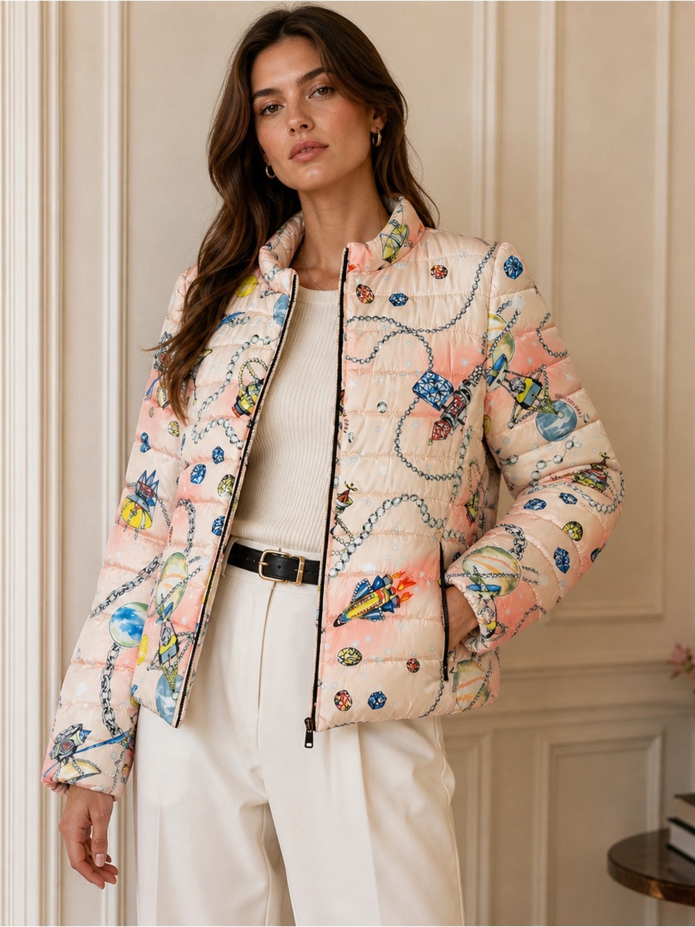 LN LOVE MOSCHINO Printed Puffer Jacket IT 44 US 6–8 Chic Statement